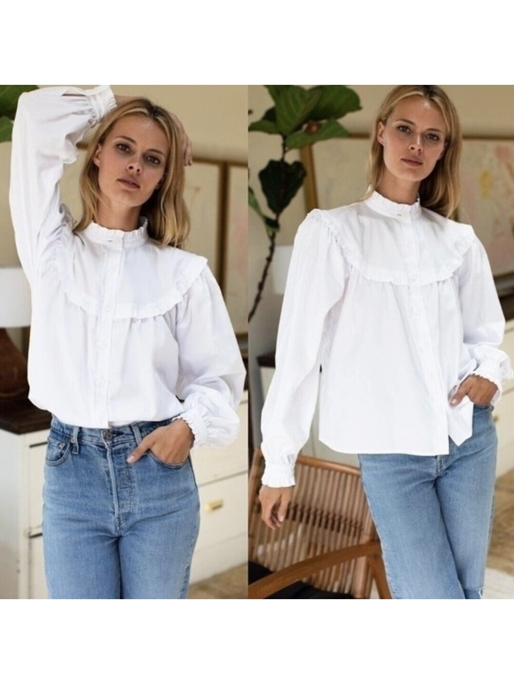 Emerson Fry Elodie White Cotton Ruffled Yoked Collar Button Blouse Shirt Small